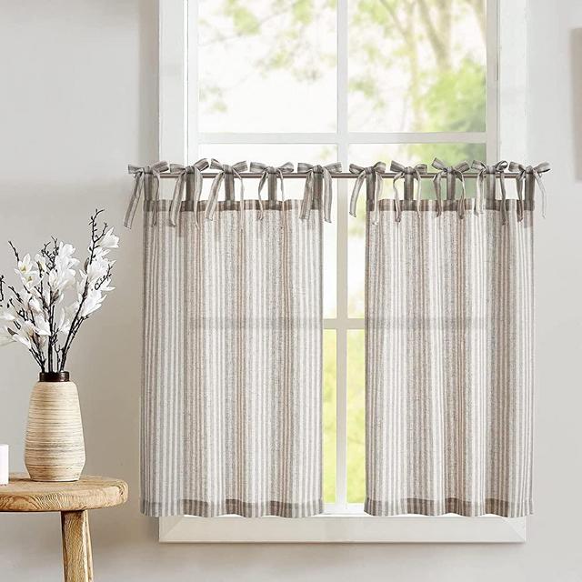 jinchan Kitchen Curtains 36 Inch Length Striped Tie Top Linen Tier Curtains Short Curtains for Living Room Bedroom Bathroom Farmhouse Light Filtering Rod Pocket Cafe Curtains 2 Panels Grey on Beige