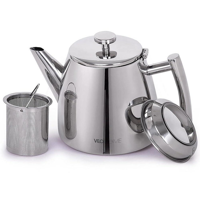 VeoHome Stainless Steel Tea Pot with Infuser - Keeps Heat Thanks to its Double Wall, Silver (0.5 Liter (17 oz))…