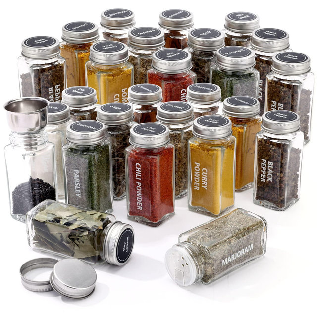 Spice Jars, 28 Pack 3.5 OZ Ultra Clear Glass Spice Jars with 324 Labels, Shaker Lids and Airtight Metal Caps, Empty Reusable Square Seasoning Storage Bottle Jars