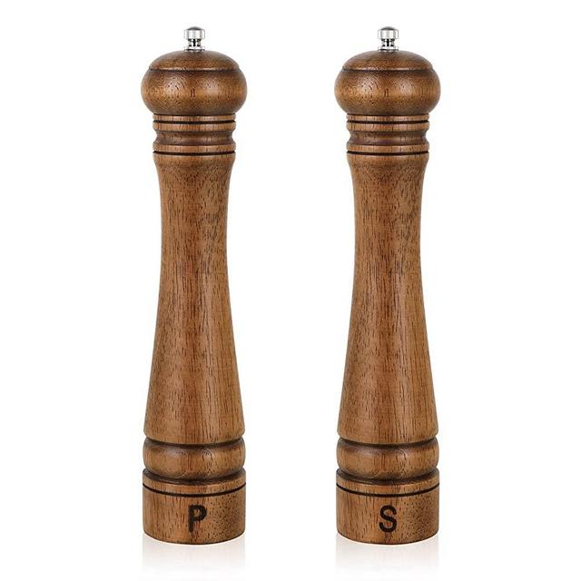 Pack of 2 Wood Pepper Grinder Set, XWXO 10 Inch Salt Mill And Pepper Grinder Set, Pepper Mill, Salt Shakers with Adjustable Ceramic Rotor - Oak Wood Pepper Grinder And Salt Mill for Your Kitchen
