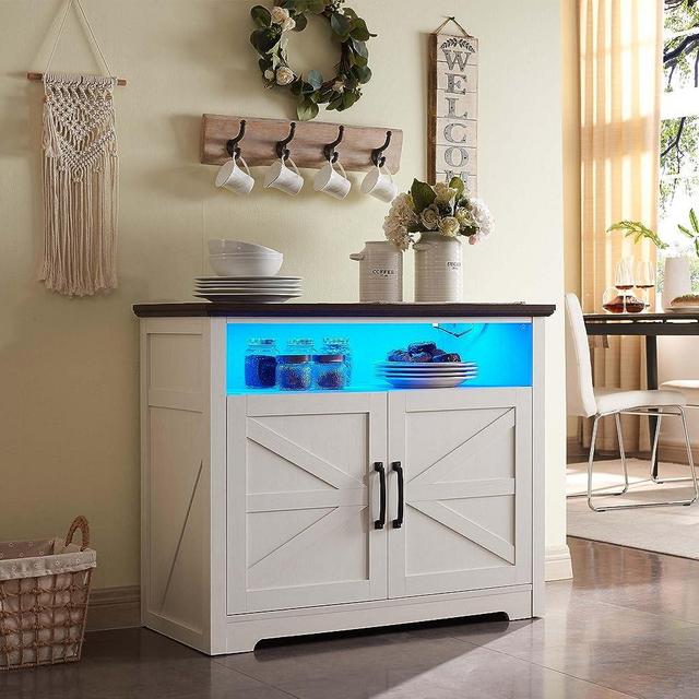 SinCiDo LED Farmhouse Sideboard Buffet Cabinet, 38" Rustic Buffet Cabinet w/Storage, Accent Cabinet w/Open & Adjustable Shelf, Coffee Bar for Dinning Room, Kitchen, Hallway, White