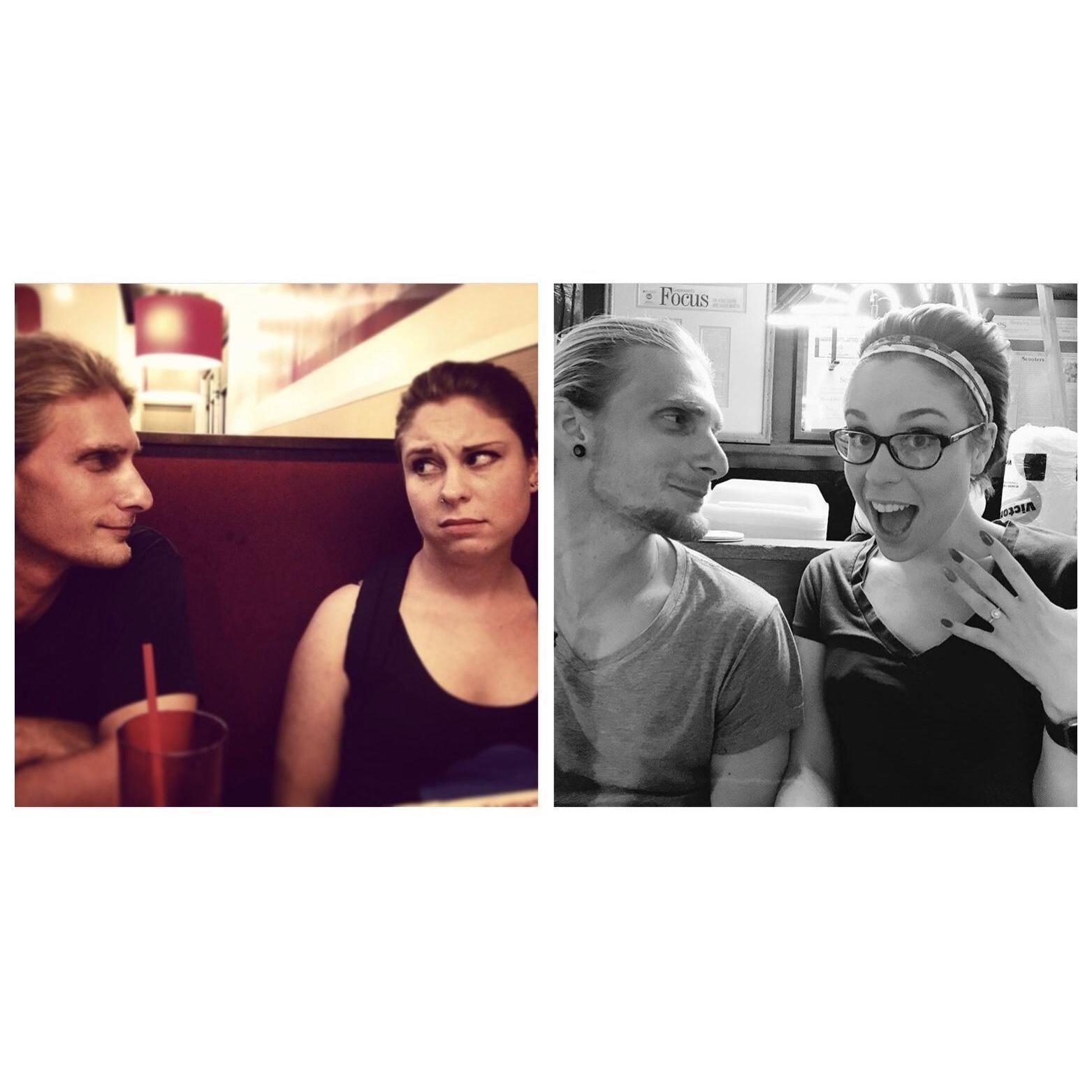 Early in our relationship, versus newly engaged. Both taken by our officiant and dear friend Bohdan.