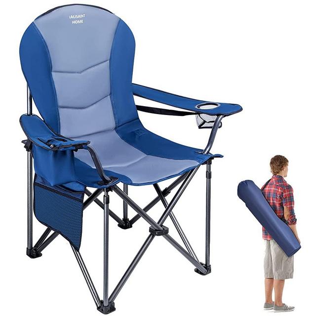 Lausaint Home Oversize Camping Folding Chair, Portable Outdoor Heavy Duty Padded Arm Chair with Zipper Cooler Bag, Cup Holder & Side Pocket Lumbar Back Chair, 450 LBS Weight Capacity (Blue)