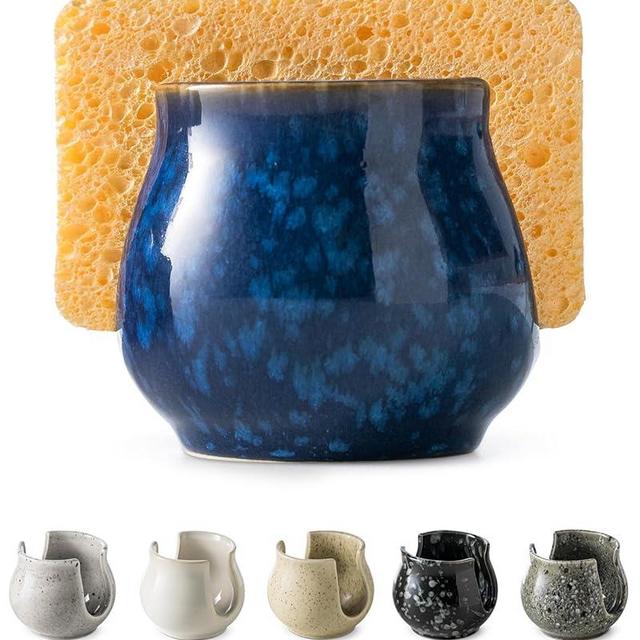 Zoeeker Ceramic Sponge Holder, Kitchen Sink Scrubby Caddy Organizer Dish Sponge Dish Rack for Scrubbers, Bathroom, Sink, Blue