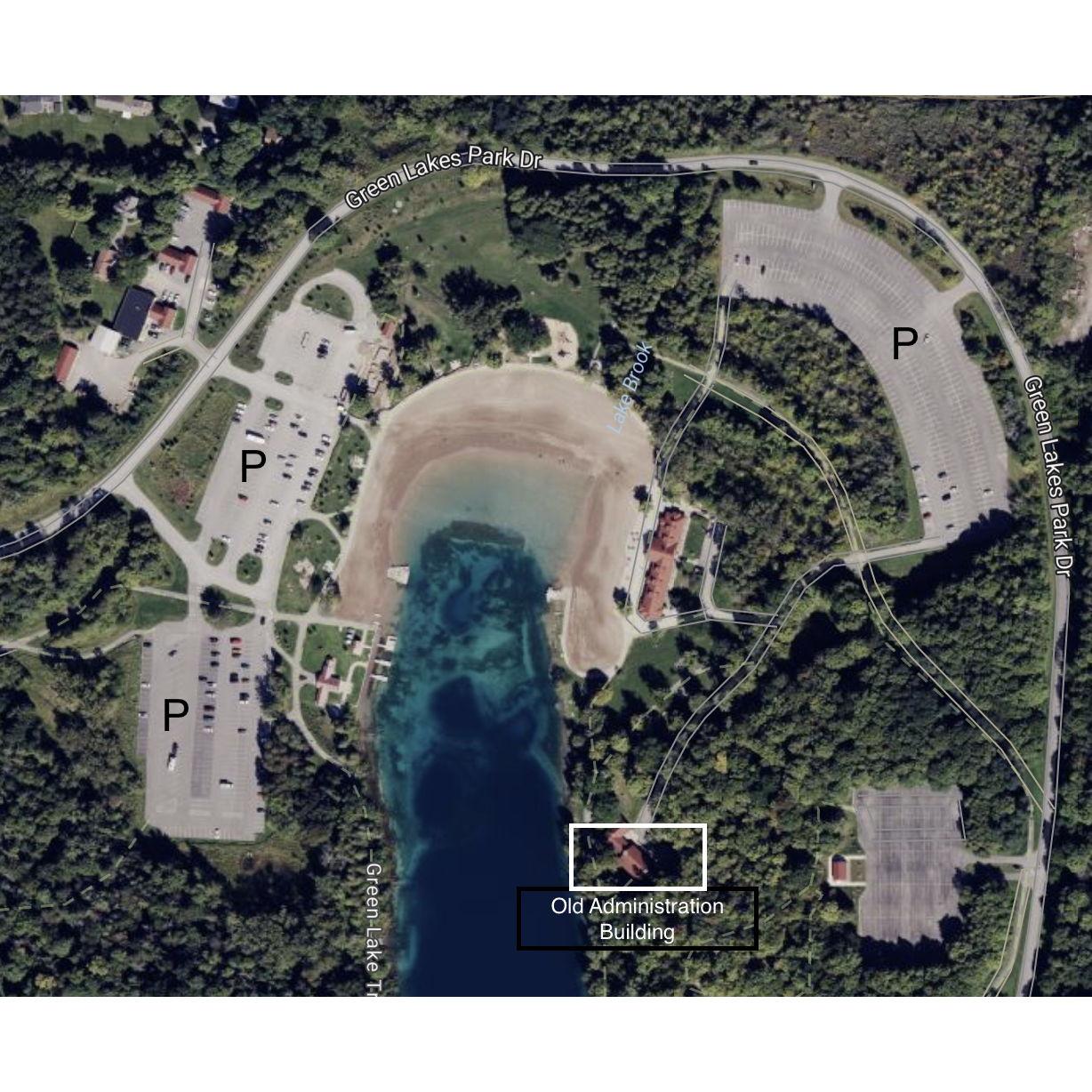 Map of Green Lakes with Parking and the Old Administration Building indicated.