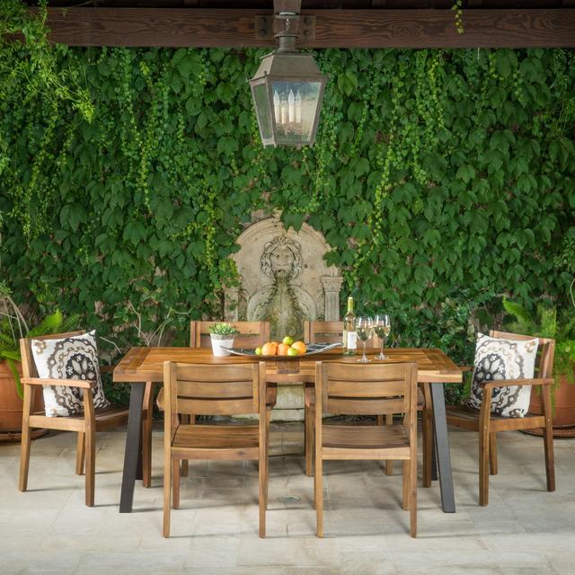 Christopher Knight Home 301108 Avalon 7 Piece Acacia Wood Dining Set with Rustic Metal Accents, Teak Finish