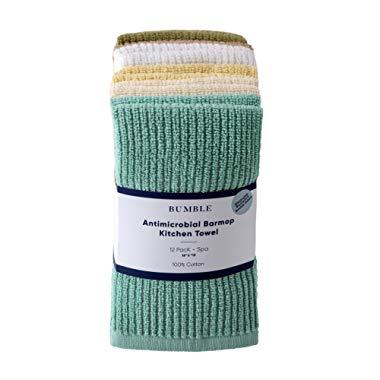 Bumble 12-Pack Antimicrobial Barmop Kitchen Towels / 16” x 19” Premium Kitchen Towels/Super Absorbent Heavy Weight Cotton/Ribbed Weave (SPA)