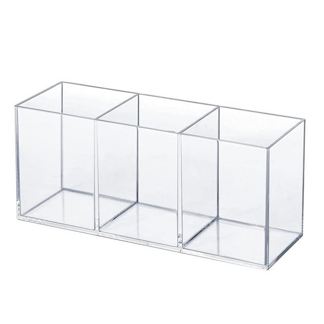 elysolpluv Transparent Acrylic Pen Holder with 3 Compartments, Ideal for Office, Bedroom, and Bathroom Storage