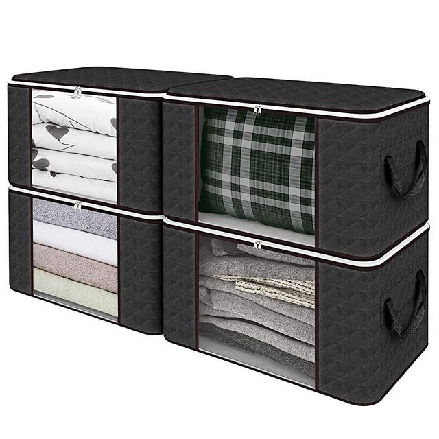 SGHUO 4 Pack Foldable Clothes Storage Bag, 84L Large Capacity Clothes Organizers with Clear Window, Sturdy Zipper and Reinforced Handle for Comforters, Pillow, Blankets, Black
