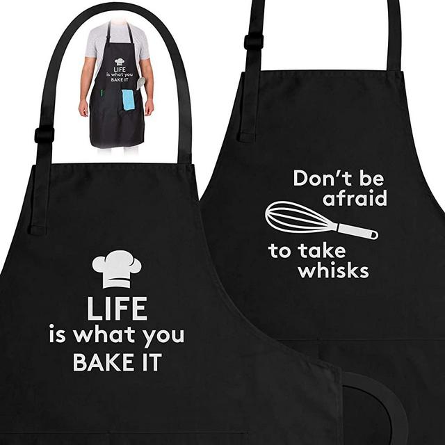 Zulay (2-Pack) Funny Aprons for Women, Men & Couples - Adjustable Universal Fit Cooking Apron - Black Apron with Pockets for BBQ, Baking, Painting, Wedding Gift & More - (Funny Cooking Puns)