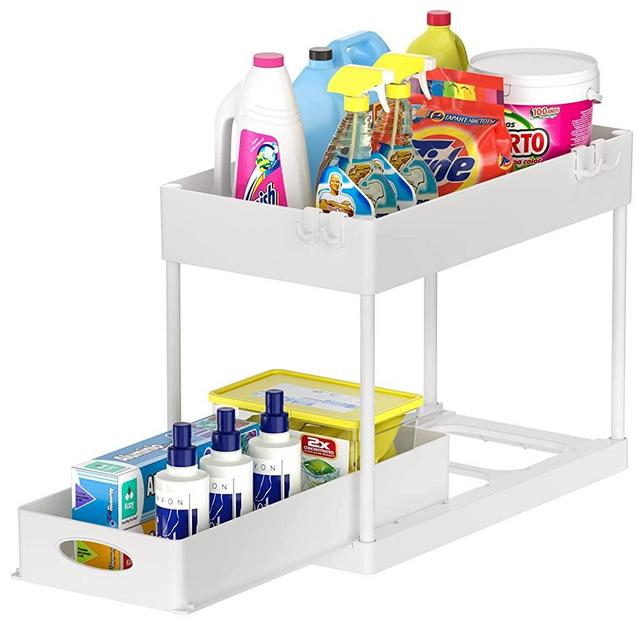 Appolab 2-Tier Under Sink Cabinet Organizer with Sliding Storage Drawer, Under Sink Organizers and Storage Under Sliding Cabinet Basket Organizer for Bathroom Kitchen (White)