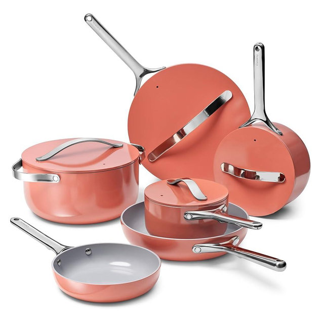 Caraway Deluxe Non-stick Ceramic Cookware Set (16 Piece) Pots, Frying Pans, Lids and Kitchen Storage - PFAS & PFOA Free - Oven Safe Pan Set & Compatible with All Stovetops - Perracotta
