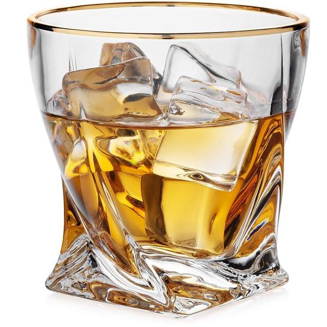 Twisted Whiskey Glasses Set of 4 with 24K Gold Rim | Bar Glasses | Old Fashioned Tumblers | Lowball Glasses | Rocks Glasses | 10 OZ Drinking Glass