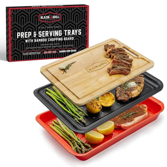 BLAZIN' GRILL Prep and Serving Trays | Set of 3 Stackable, Melamine Trays with Bamboo Cutting Board | Trays for Marinating, Serving & Chopping | Serving Platter for Plating Food & BBQ Prep Tub |