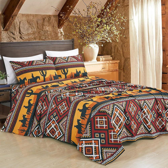Chezmoi Collection 4-Piece Southwestern Sunset Cowboys Sheet Set King Size - Multicolor Red Orange Black White Printed Brushed Microfiber Lightweight Breathable Deep Pocket Bed Sheets