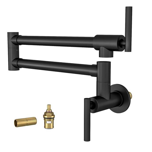 Lordear Pot Filler Faucet Matte Black Commercial Wall Mount Stove Kitchen Faucet, Brass Pot Filler Folding Faucet Over Stove, Kitchen Pot Faucet with Double Joint Swing Arms