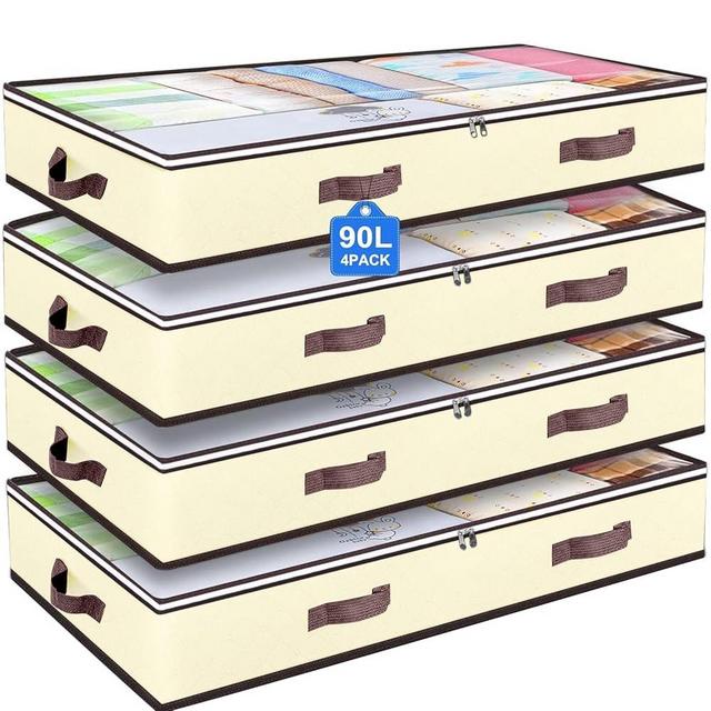 90L Under Bed Storage Containers, Closet Organizers and Storage Bins, Foldable Underbed Storage Bags for Blankets, Towels, Comforter, Sweaters, Pillows, Linen Sheets, Wrapping Paper, 4 Pack Beige