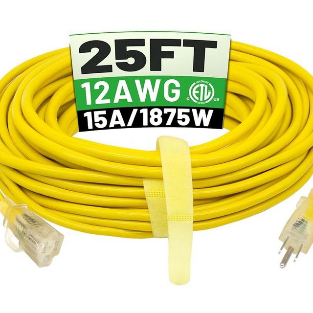 POWGRN 25 ft 12/3 Outdoor Extension Cord Waterproof Heavy Duty with Lighted Indicator End 12 Gauge 3 Prong, Flexible Cold-Resistant Long Power Cord Outside, 15Amp 1875W SJTW Yellow ETL Listed
