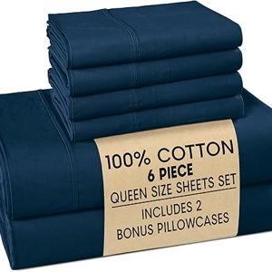 Casa Platino Queen Sheets Set – 100% Cotton Bed Sheets Queen, Breathable & Crisp Percale 6 Piece Set, 15" Deep Pocket for A Secure Fit, Ultra Soft & Cozy, Fit – Navy Blue
