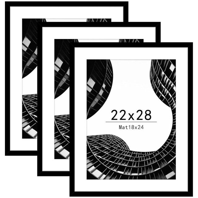 Abtgt 22x28 Picture Frame Set of 3, Display Pictures 18x24 with Mat or 22x28 without Mat, Poster Frame for Wall Mounting Display, Black