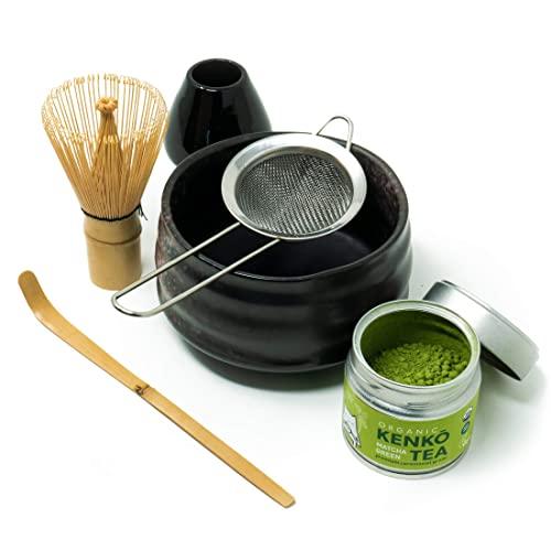 Kenko Tea Matcha Tea Ceremonial Set with Bowl, Bamboo Whisk, Bamboo Scoop. Whisk Stand and Sifter. Comes with 30g Organic Ceremonial Matcha