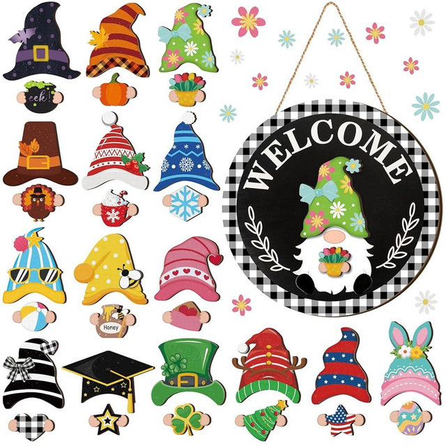 Qunclay Interchangeable Wooden Gnome Decor Holiday Seasonal Gnome Decorations with Magnet Pieces and Detachable Hats Changeable Welcome Sign for Home(Trendy Style)