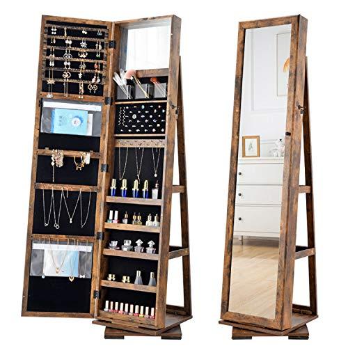 OUTDOOR DOIT QB2 360 Rotating Lockable Full Mirror Jewelry Organizer Wall Mounted/Door Mounted Jewelry Box For Women/Jewelry Cabinet Jewelry Armoire With Mirror/Full Length Mirror Brown