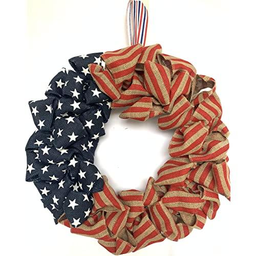 Huashen 4th July Independence Day Wreath, America Patriotic Flag Burlap Farmhouse Wreath on Grapevine for Wall Window 22inch