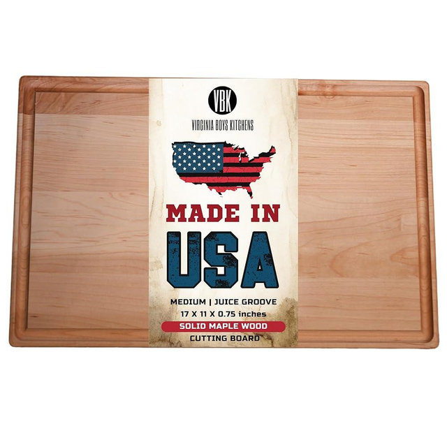 Made in USA Medium Solid Maple Wood Cutting Board by Virginia Boys Kitchens - Butcher Block Wooden Carving Board with Juice Groove made from Sustainable North American Hardwood (17x11)