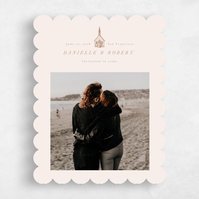 Beige Scalloped Wedding Save the Date - Rustic Church Photo