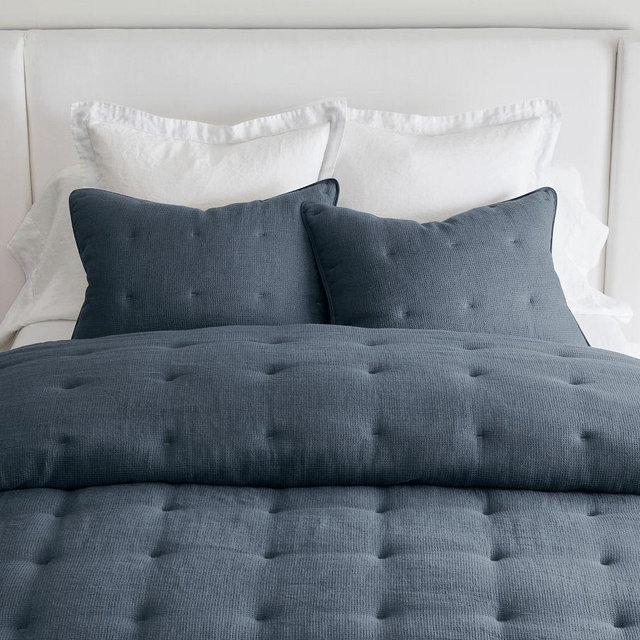 European Flax Linen Tufted Waffle Comforter, Steel Blue, King/Cal. King