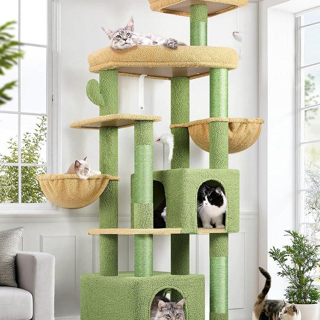 Globlazer Sturdy Cat Tree, 68-inch Large Cat Tower for Indoor Adult Cats 20 lbs Heavy Duty Cat Tree for Big Cats with Extra Large Platform, 5 Scratching Post, S68, Green