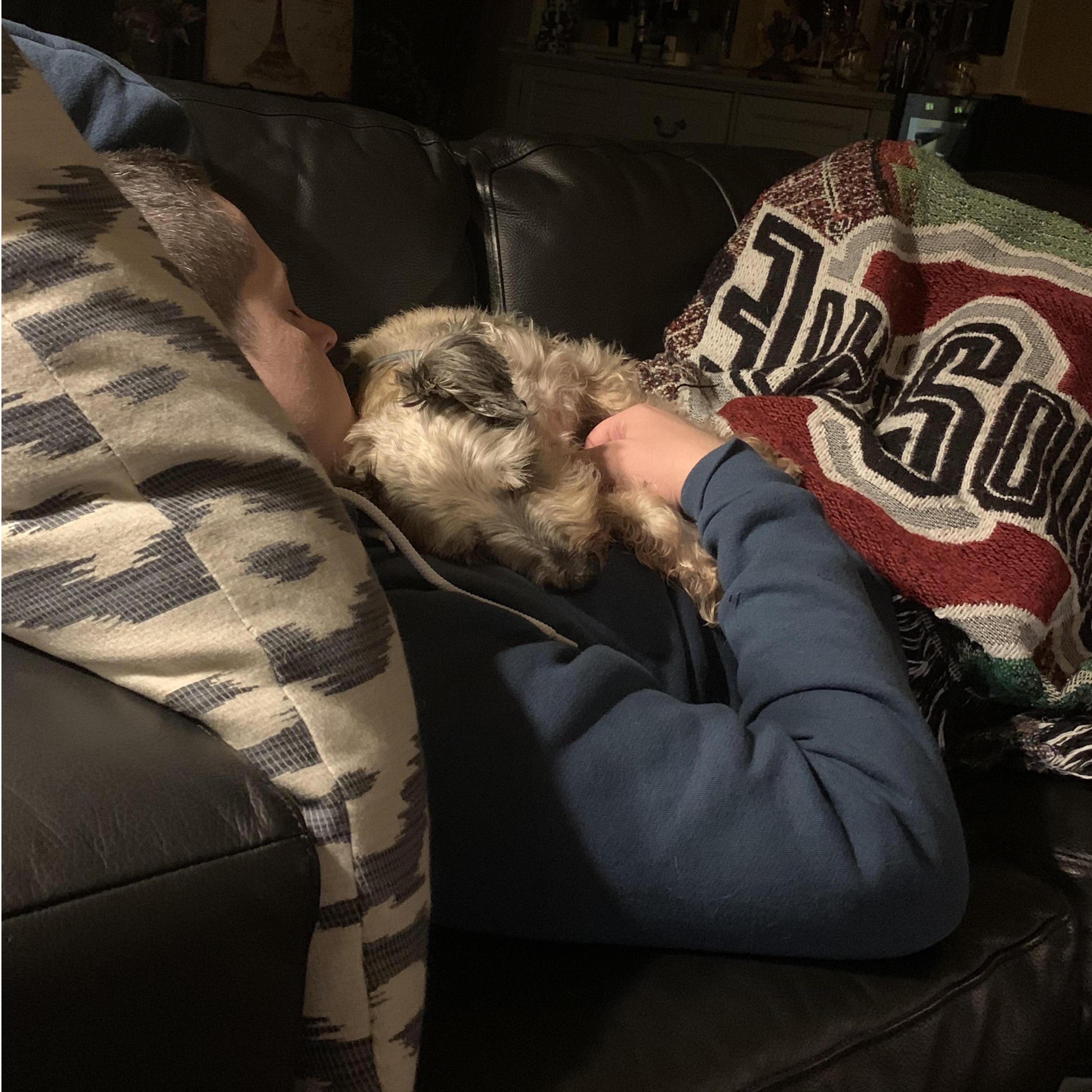 Irving loves to snuggle with his best friend Jon!