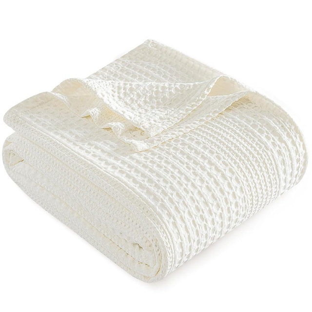 PHF Lightweight Waffle Weave Blanket Queen Size, Breathable & Ultra Soft, 90"x 90" Soft & Cozy Thin Blanket, Perfect for Summer & Hot Sleepers, Bed, Home Decor - Coconut White