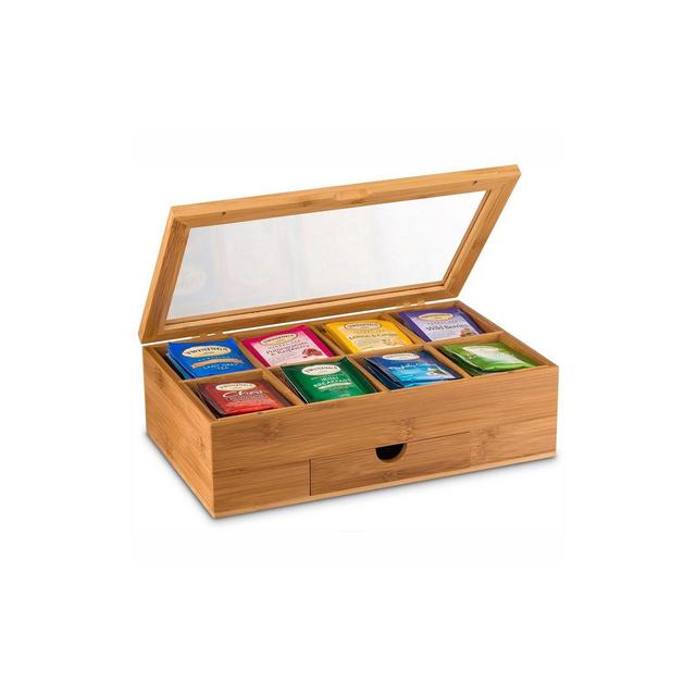 Bambusi Bamboo Tea Box with 8 Storage Sections & Expandable Drawer