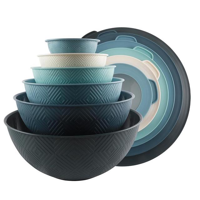 COOK WITH COLOR Mixing Bowls with Lids - 12 Piece Plastic Nesting Bowls Set includes 6 Prep Bowls and 6 Lids, Non Slip Bottom and Rhombus Design - Microwave Safe (Blue)