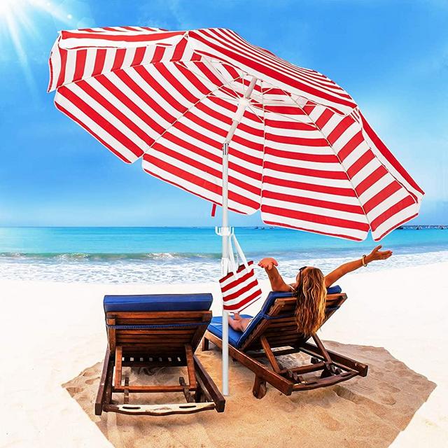 ROWHY 6.5FT Beach Umbrella Outdoor Portable UV 50+ Sunshade Umbrella With Push Button Tilt Sand Anchor and Carry Bag for Patio Garden Beach Pool Backyard (Red-White Stripe)
