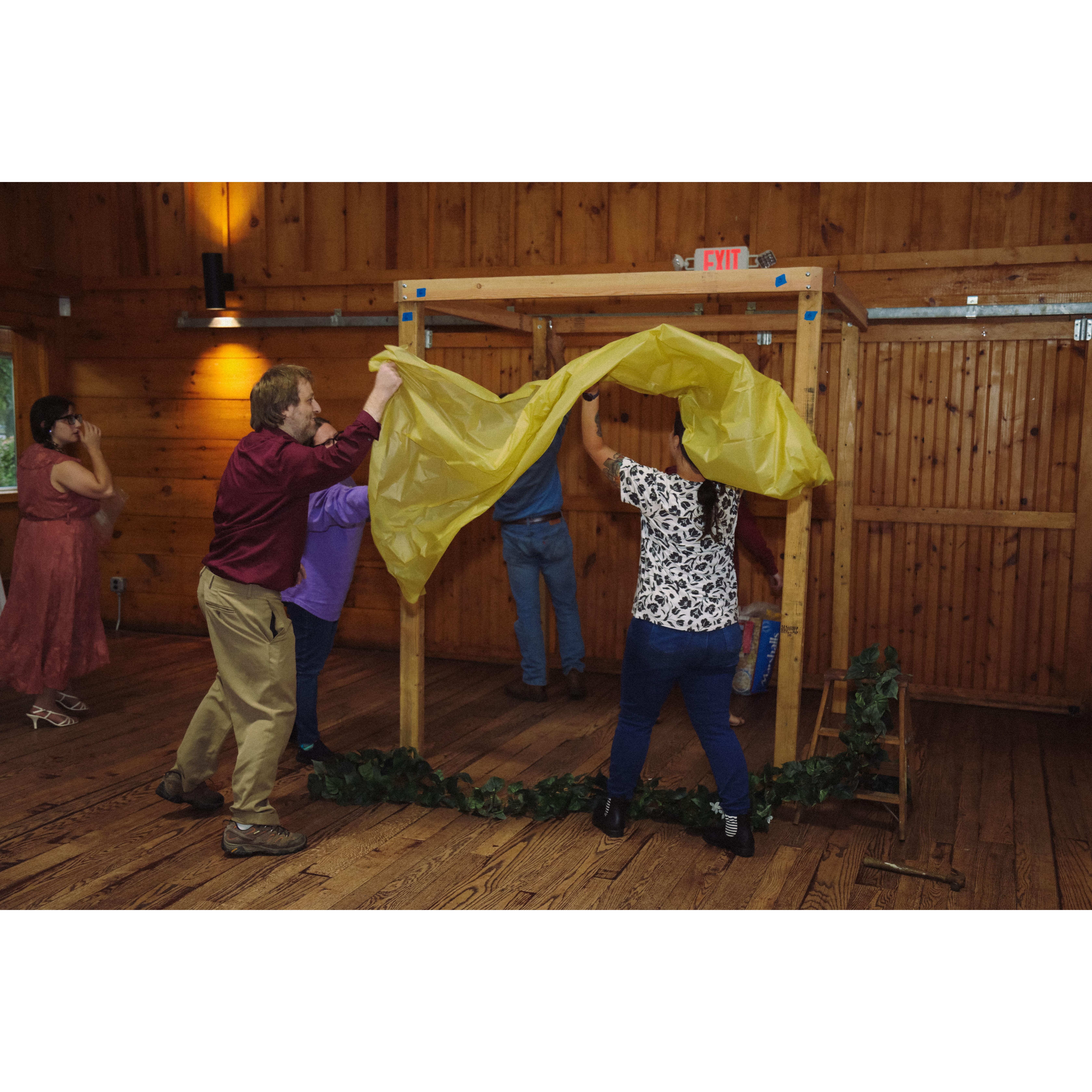 pre-ceremony set-up of the wedding arch