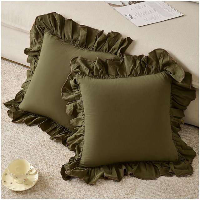 Zealax Olive Green Gorgeous Ruffle Throw Pillow Covers 18x18 Inch, Chic Washed Cotton Pillow Cases Decorative Vintage Pillow Shams Cushion Cover for Bed Couch Living Room Farmhouse Decor, Set of 2