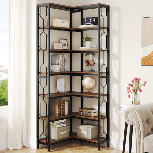 Tribesigns Corner Shelf, 7-Tier Industrial Corner Bookshelf, Wood and Metal Corner Etagere Bookcase, Freestanding Display Shelf for Living Room, Kitchen, Home Office, Rustic Brown