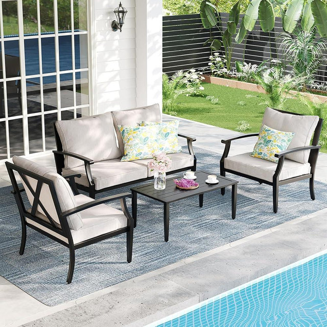 SunloungeCo 4-Piece Patio Furniture Set, Wider Outdoor Metal Seating Sofa with High Back & Loveseat, Coffee Table, All Weather Metal Conversation Set for Backyard, Poolside, Deck-Beige