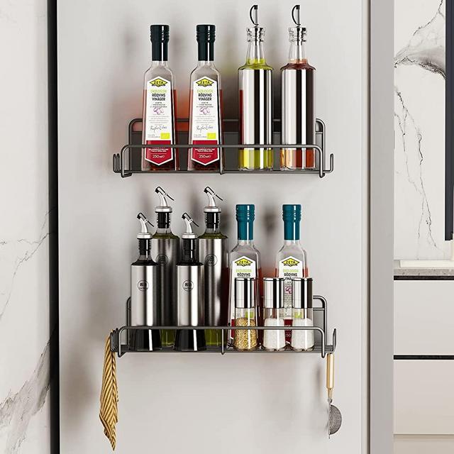 coobest Magnetic Spice Rack for Refrigerator, 2 Pack Magnetic Spice Rack Organizer with Super Strong Magnetic, Magnetic Shelf Metal Kitchen Organization Spice and Seasoning Organizer, Black