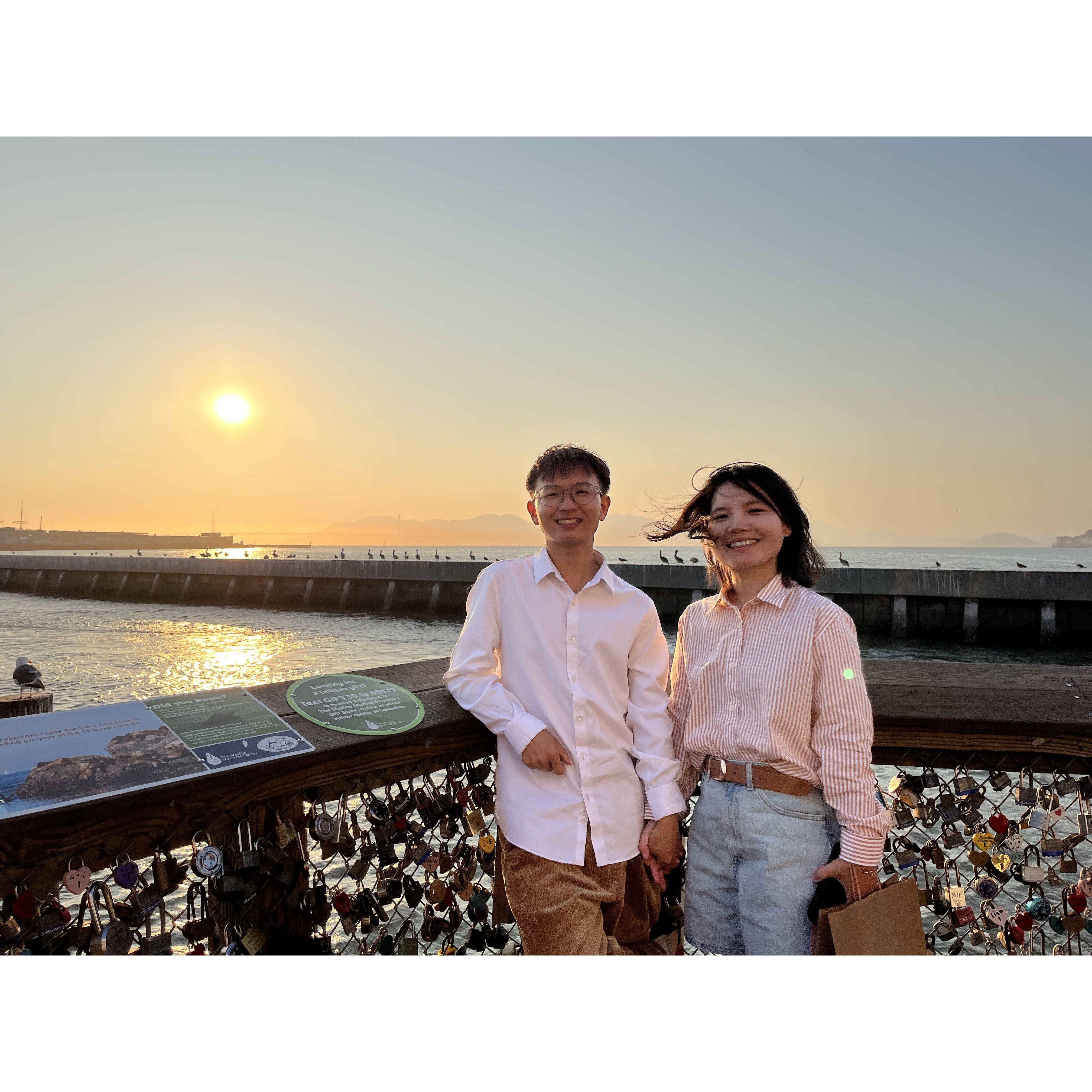 A photo was took at Fisherman's Wharf in San Francisco after the marriage license registration.