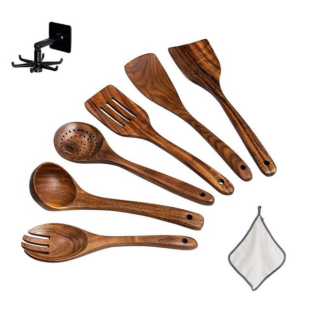 Wooden Spoons, 6 Pieces 9 Inch Wood Soup Spoons for Eating Mixing Stirring,  Long Handle Spoon with Japanese Style Kitchen Utensil, ADLORYEA Eco