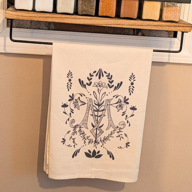 Marian Symbol Cotton Tea Towel, Catholic Gift