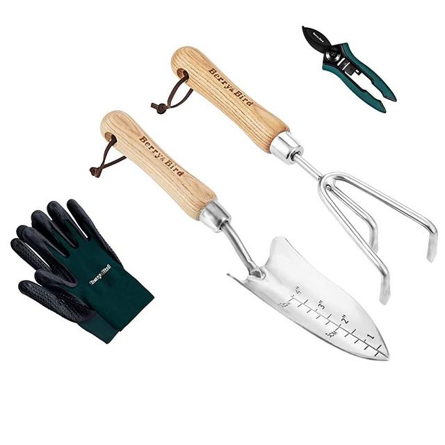 Berry&Bird Garden Tool Set，4 Piece Stainless Steel Garden Tool Kit with Wooden Handle Trowel & Rake, Garden Shears & Gloves Outdoor Hand Tools for Planting, Ideal Gardening Gift for Women & Men