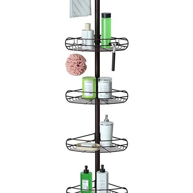 ALLZONE Shower Tension Pole Caddy, Rustproof Stainless Steel, 4 Tier, 1 Towel Bar, 56-114 Inches, Oil Bronze