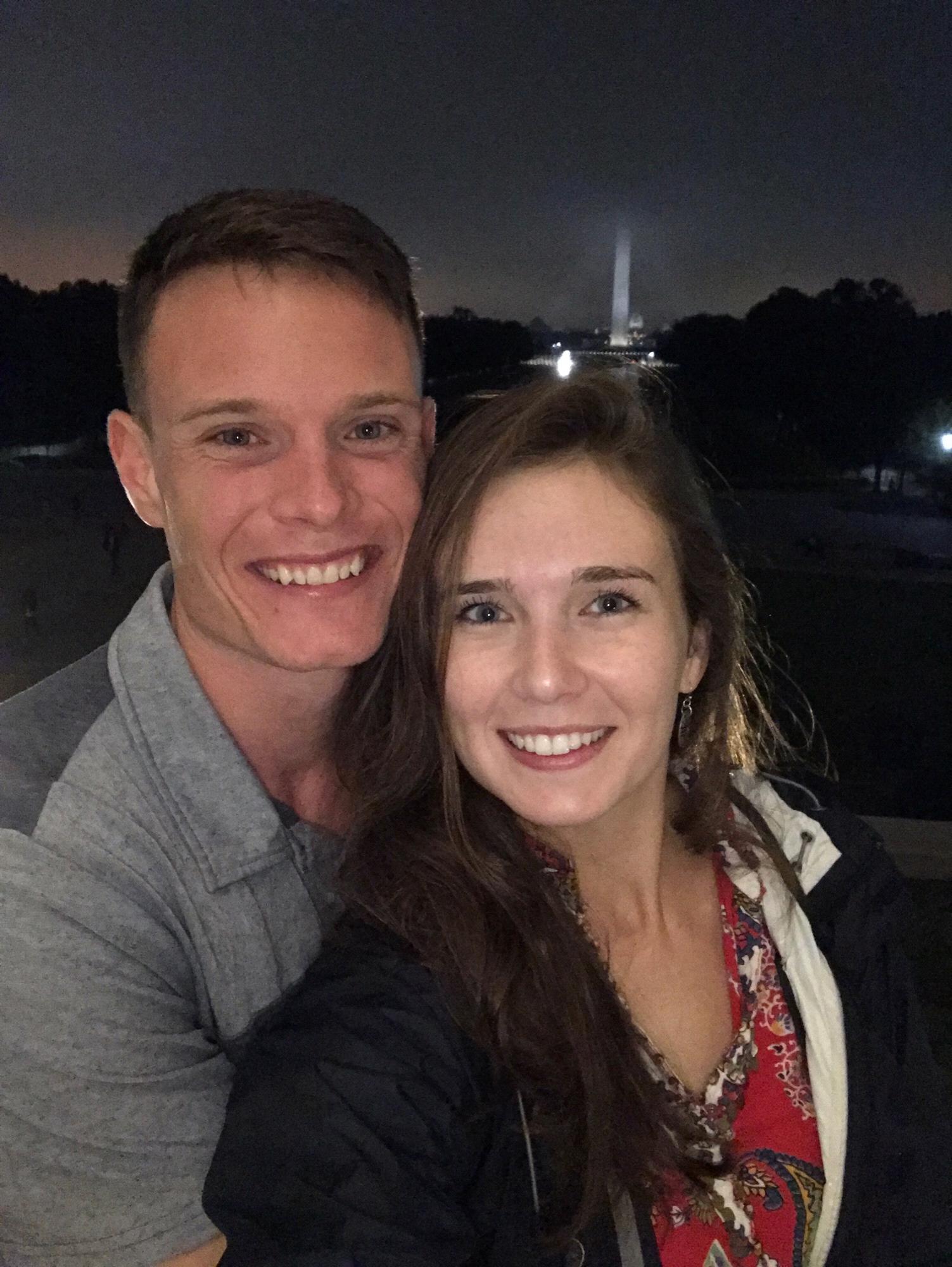 At the Lincoln Memorial with the Washington Monument in the background
