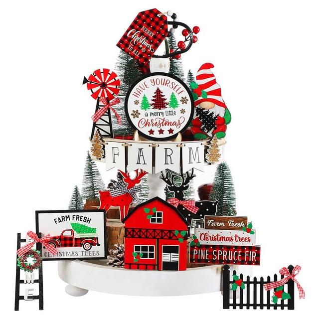 17 Pcs Christmas Tiered Tray Decor Christmas Decorations Christmas Tree Truck Elk Gnome Wood Sign Xmas Table Centerpiece Farmhouse Rustic Table Decor for Winter New Year Home Tabletop