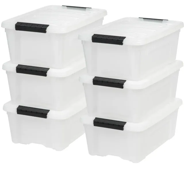 IRIS USA 13 Qt Stackable Plastic Storage Bins with Lids, 6 Pack - BPA-Free, Made in USA - Discreet Organizing Solution, Latches, Durable, Pearl
